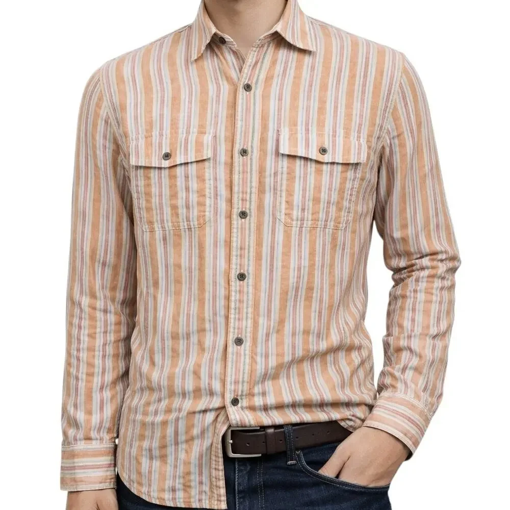 Banana Republic Linen Shirt Men S 14 / 14.5  Orange Stripe Long Sleeve Button Up